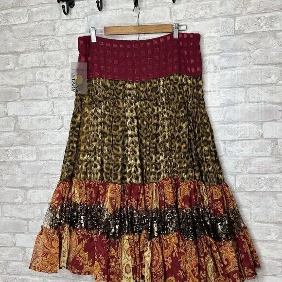 Sandy Starkman Multi-Color Patterned Maxi Skirt Tiered Beaded Shells Size M Boho